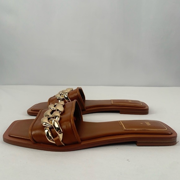 Zara Square Toe Vegan Leather Gold Chain Slides in Brown Size 7.5 or 38 - Picture 6 of 12